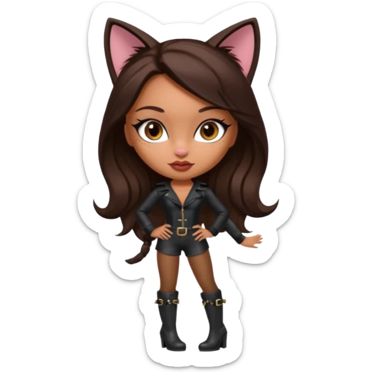 A sexy, super pretty bratz girl with caramel skin. Dark brown hair and brown eyes. She has freckles. Wearing sexy makeup. Dressed as a sexy cat with tall black boots on sticker