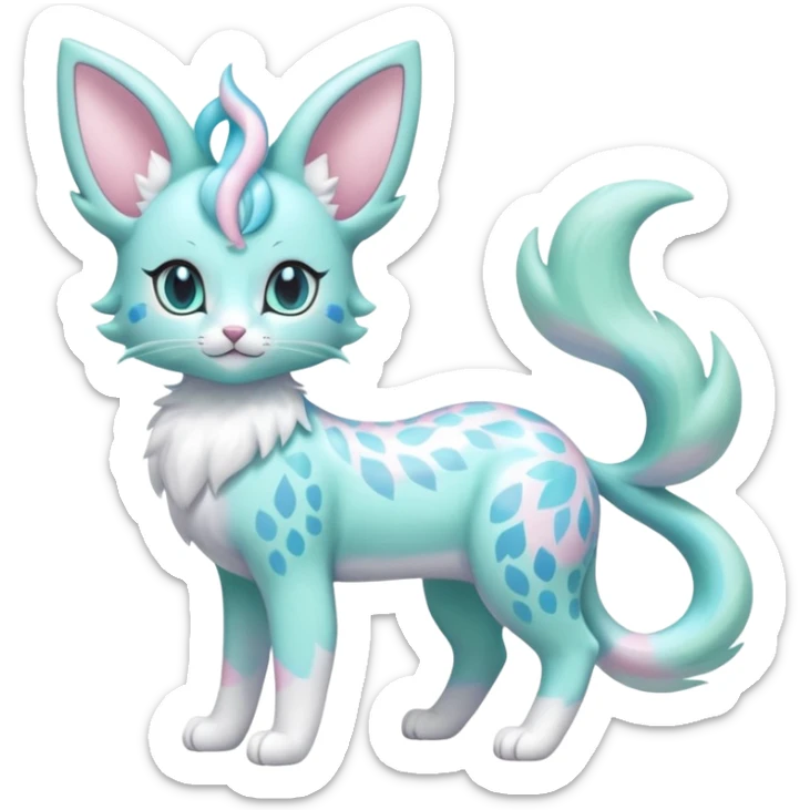 Pastel Mint-Aqua Soft-Iridescent Gentle Floral-Patterned Feline Sylveon-Liepard-hybrid-creature (full body) sticker
