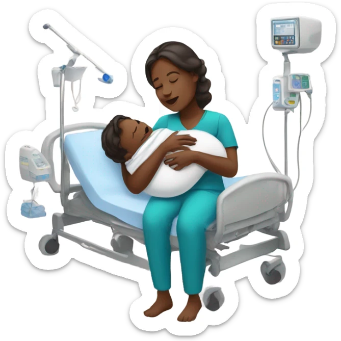 mom with dark skin in the hospital holding newborn baby boy sticker