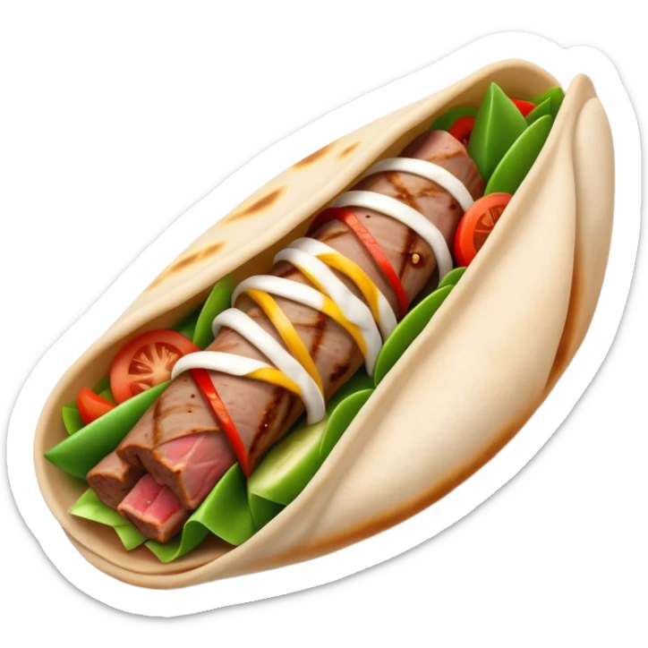 Cinematic Realistic Gyros Dish Emoji, showcasing succulent, spiced meat wrapped in pita with fresh vegetables rendered with lifelike detail and dynamic, appetizing lighting. sticker
