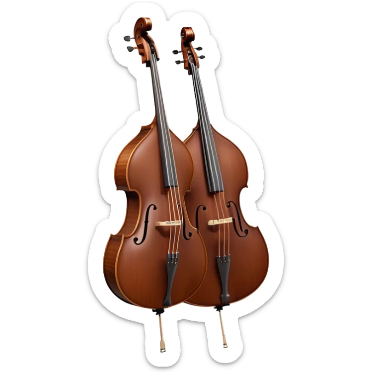 Create an elegant and detailed emoji representing a Gliga Gama double bass with bow. The design should showcase the large, sleek body of the double bass with its rich wood finish, including the characteristic curves and deep tone holes. The bow should be elegantly positioned next to the instrument, highlighting the hair and smooth wooden stick. Use warm wood tones like chestnut brown for the body of the bass, silver accents for the fittings, and dark brown for the bow. Add subtle musical notes or sound waves flowing from the bass to represent its deep, resonant sound. The background should be transparent. sticker