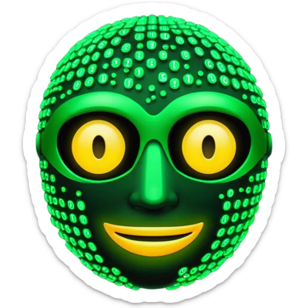 Cyberpunk emoji formed from cascading green Matrix symbols, neon glow, dark futuristic background, smooth rounded design, 3D style, high contrast, cinematic lighting. sticker
