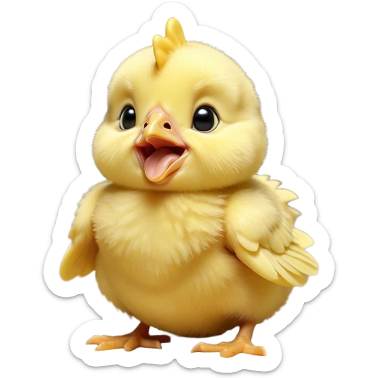 Cinematic Cute Yawning Yellow Baby Chicken Portrait Emoji, Head tilted slightly with a dramatic, wide-open yawn, showcasing a soft, downy yellow coat with little drooping wings, round beady eyes barely open in drowsy contentment, Simplified yet irresistibly adorable features, highly detailed, glowing with a soft, cozy glow, high shine, relaxed yet expressive, stylized with a touch of whimsical charm, bright and endearing, soft glowing outline, capturing the essence of a sleepy yet affectionate chick, so drowsy it feels like it could stretch out of the screen and curl up for a nap! sticker