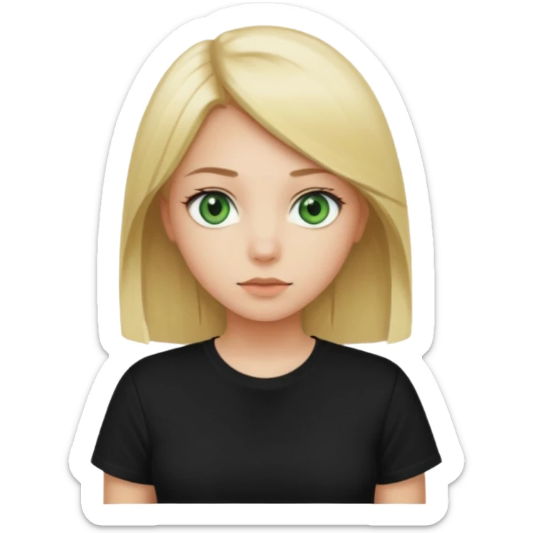 Girl with green eyes, blonde with straight hair to the chest in a black t-shirt sticker