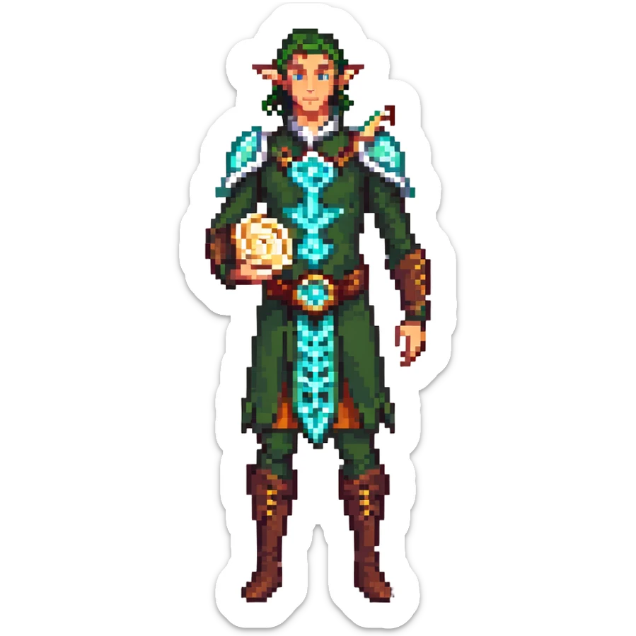 elf male Short wetsuit-style garb, glowing runes on skin, holding a conch horn. sticker