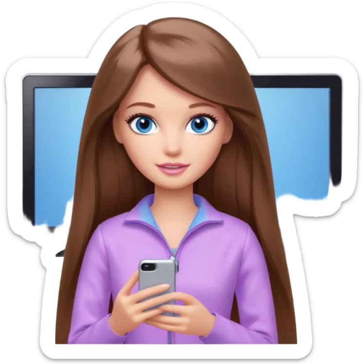 beautiful barbie girl with long brown hair, blue eyes and wearing light purple clothes watching netflix on tv sticker