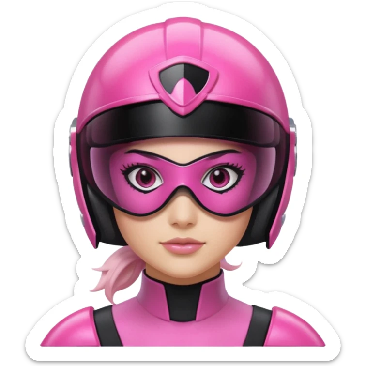 pink power ranger, woman emoji, with helmet on, black visor eye protection, black, power ranger helmet, black visor power ranger helmet pink sticker