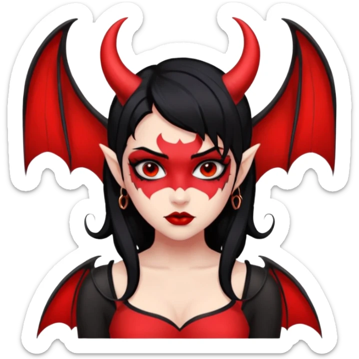Demon girl: red skin, black hair, small horns, bat wing; tattoo-flash comic style; red/black palette; bold outlines; dark background; no text. sticker