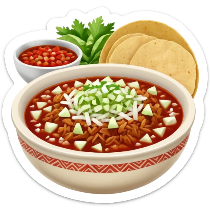 A delicious hot bowl of pozole rojo with the sides next to the bowl: chopped onions, shredded cabbage, lime wedges, red chile de arbol salsa, and full round tostadas sticker