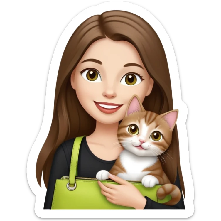 White Woman with VERY long straight brown hair, rosy lips and cheeks, big chartreuse eyes, cute happy big smile holding a white and brown tabby kitten, wearing a black purse sticker