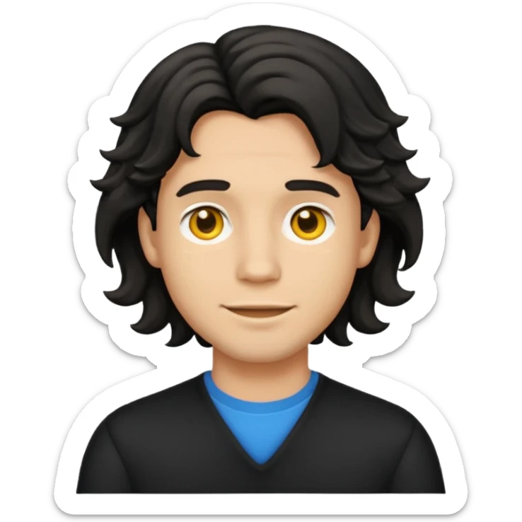 back view of a male with layered middle-long wavy black hair, emoji style sticker
