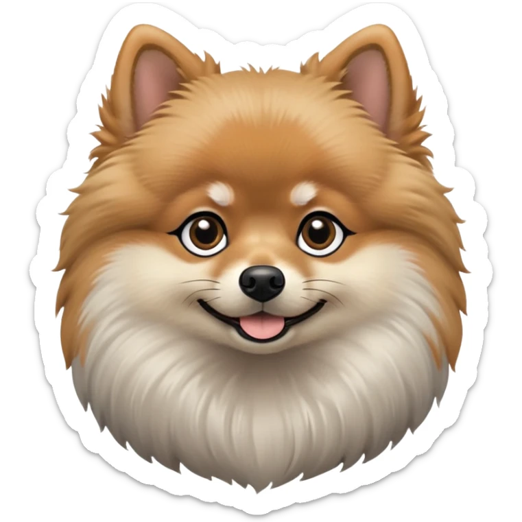 fluffy black and tan Pomeranian dog face, large round dark eyes, small black button nose, soft tan muzzle with subtle smile, two tan eyebrow spots, curious and alert expression, thick fluffy ruff of fur blending black, tan, and light gray, upright triangular ears with gray tips, friendly and cute sticker