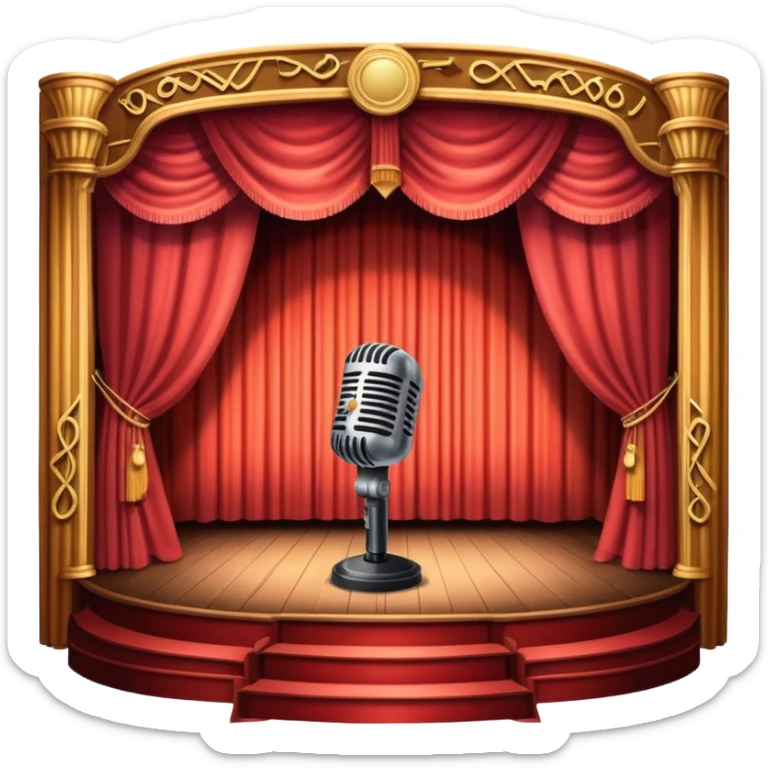 Icon for 50s American Musical Theater: a retro stage with neon lights, a classic microphone, musical notes, vintage theater curtains, and Broadway-style elements. Avoid focusing solely on the piano. Transparent background. sticker