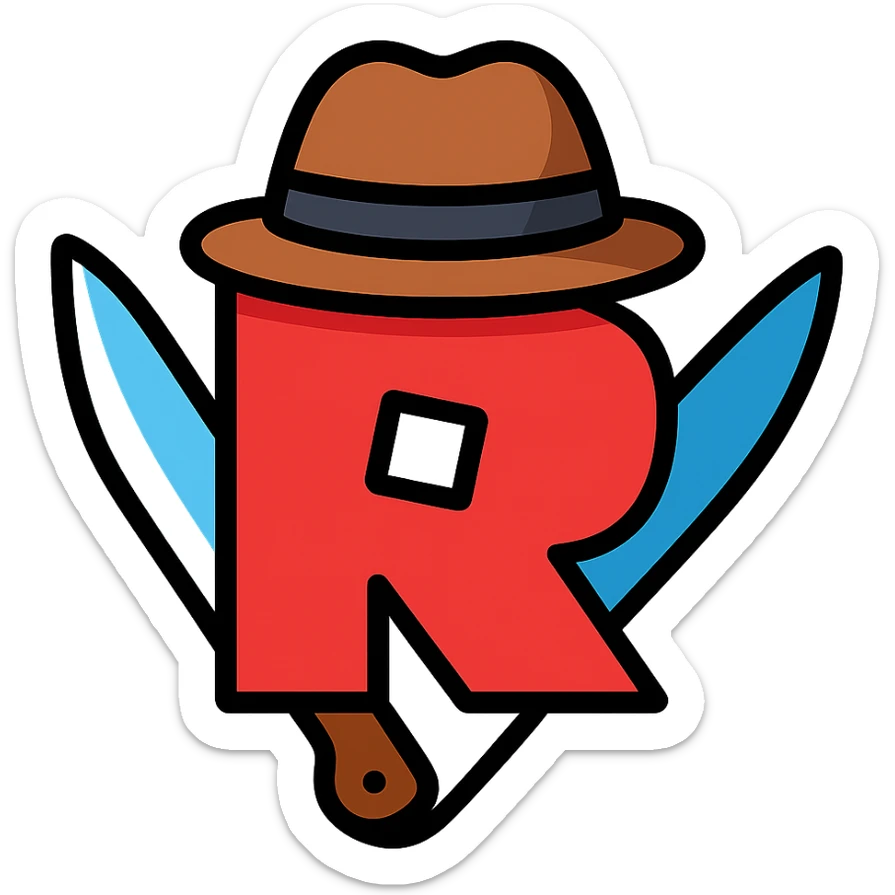 Roblox Murder Mystery logo with stylized R, knife and detective hat, color outline style sticker
