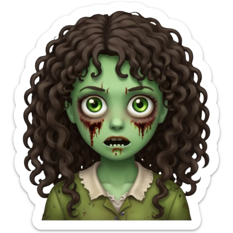 Emoji garota zombie com cabelo castanho escuro cacheado longo com franja cacheada sticker