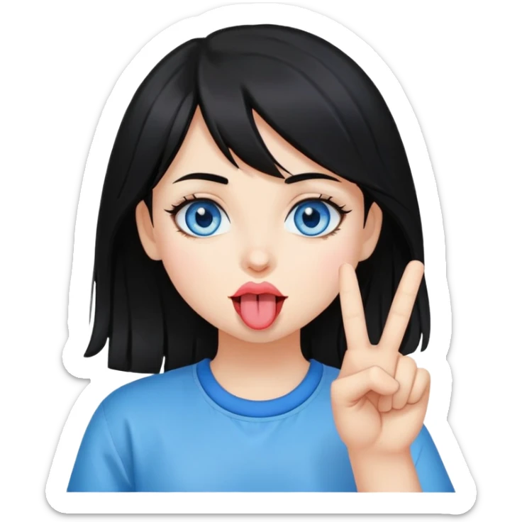 Girl with black hair and blue eyes holding the peace sign under her tounge sticker