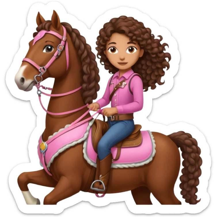 Realistic mixed race girl with long curly hair, riding a big draft horse, wearing pink harness and saddle  sticker
