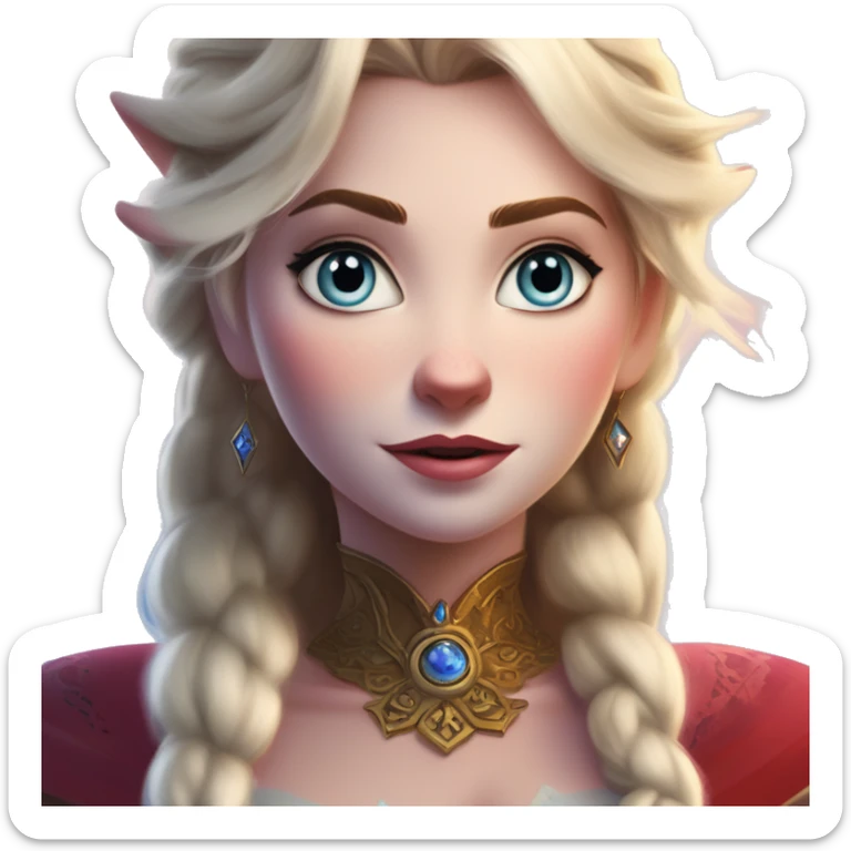 Warcraft award winning Elsa in Apple Ad style, oil paint, mysterious eyes, intricate lips, masterpiece pose, odd perspective, beautiful, desirable, logical, midsommar, ikea sticker
