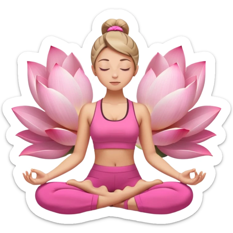white woman with neat ponytail hairstyle, sitting in lotus position, meditating with closed eyes and serene expression, wearing pink yoga outfit sticker