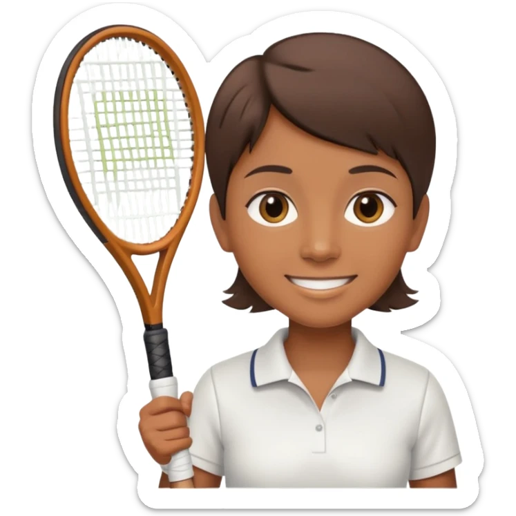 Chindian tennis coach, caramel brown skin, short straight hair, oval face, small eyes, smiling, holding a tennis racket sticker