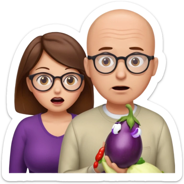 Woman with brown hair and huge boobs looks shocked at bald mand with glasses holding eggplant sticker