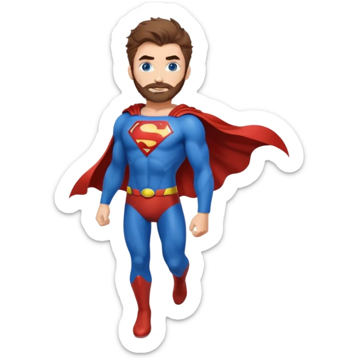 flying superman，full body, blue eyes, redish brownish messy hair, trimmed facial hair sticker