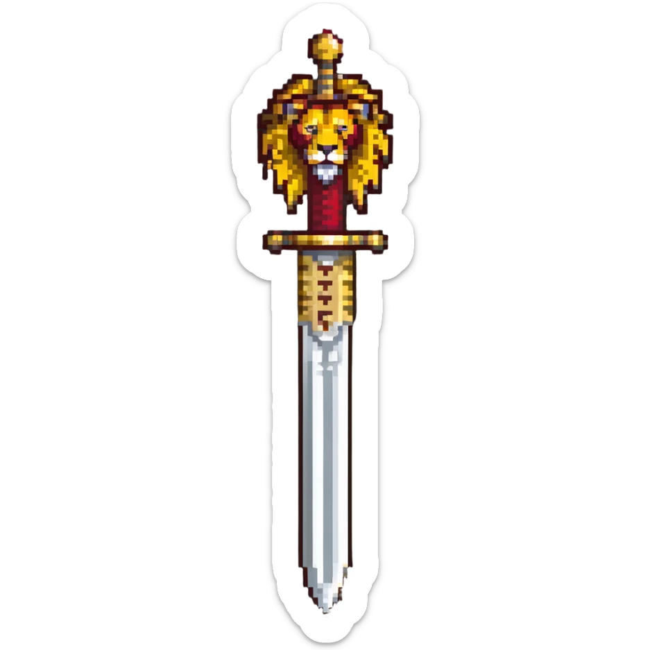 gold colored long sword with deep red handle and a gold lion on the end of the handle sticker