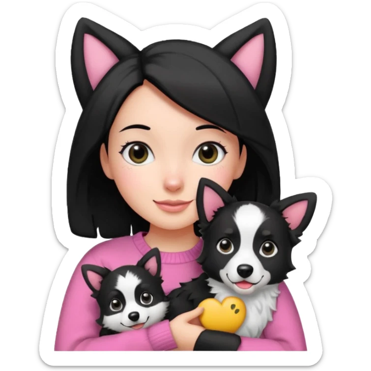 cheerful girl with side parted black hair shoulder length black eyes wearing pink sweater carrying black and white border collie with perked ears emoji style sticker