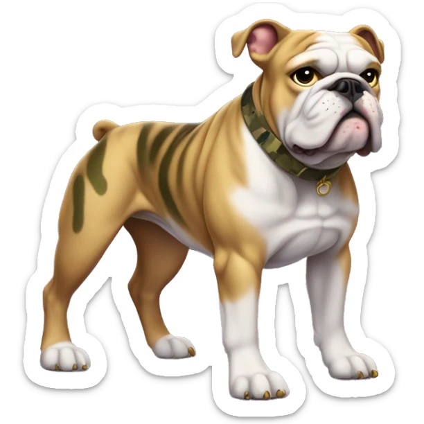 Bulldog with a muscular human body wearing a purple shirt, camouflage pants, and metallic gold boots sticker