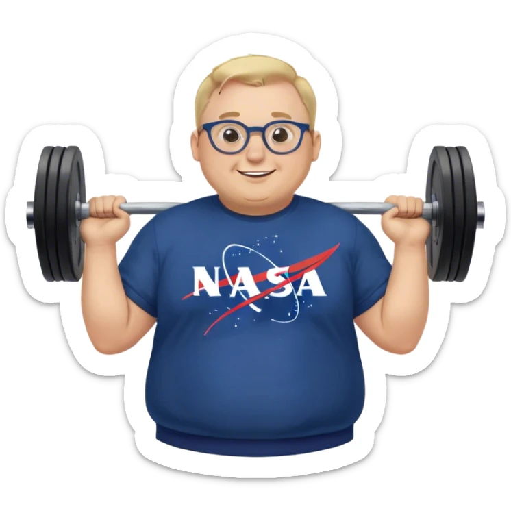 happy chubby man, lifts weights,  blond short and hight receding hairline, wearing a dark blue sweatshirt, nasa logo on the sweatshirt, round glasses without frame, 40 years old sticker