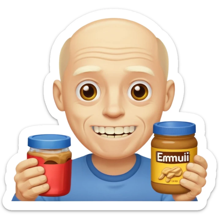 White man, barely any hair, lots and lots of wrinkles, bad yellow teeth, and peanut butter sticker