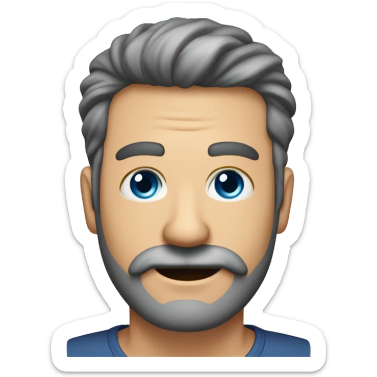 Homem de 50 anos, sem rugas, cabelo liso grisalho penteado para o lado, moreno, rosto quadrado, estatura alta, bonito, sem barba e sem bigode, forte, camisa azul e fazendo o c com a mão sticker