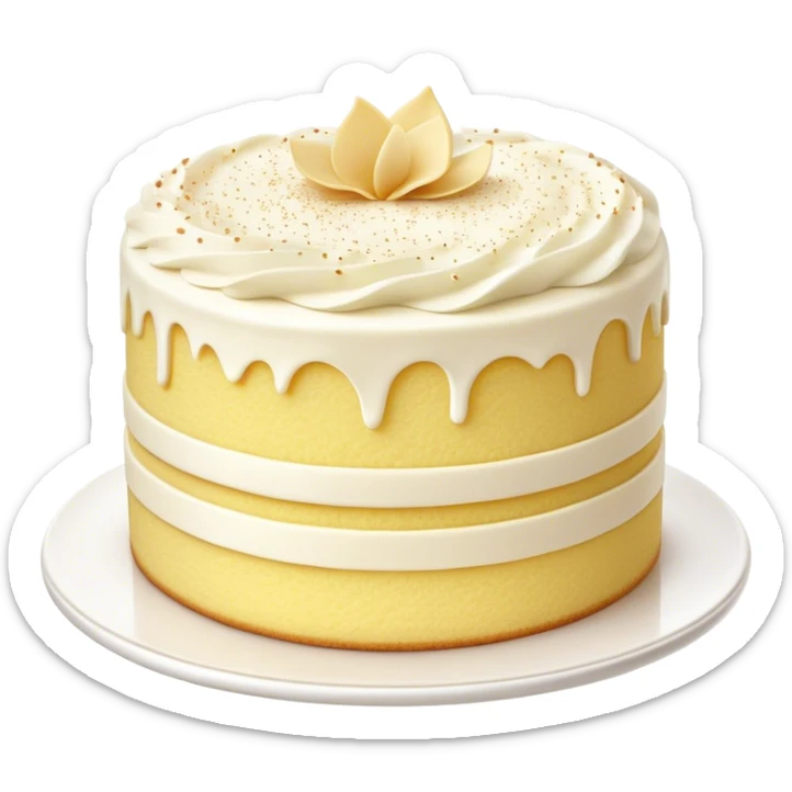 Cinematic Realistic Simple Vanilla Cake, a perfectly baked golden sponge with soft, airy layers, delicate vanilla frosting smoothly spread across the top, tiny flecks of vanilla bean visible, warm golden lighting creating depth, glowing with a sweet, irresistible charm. sticker