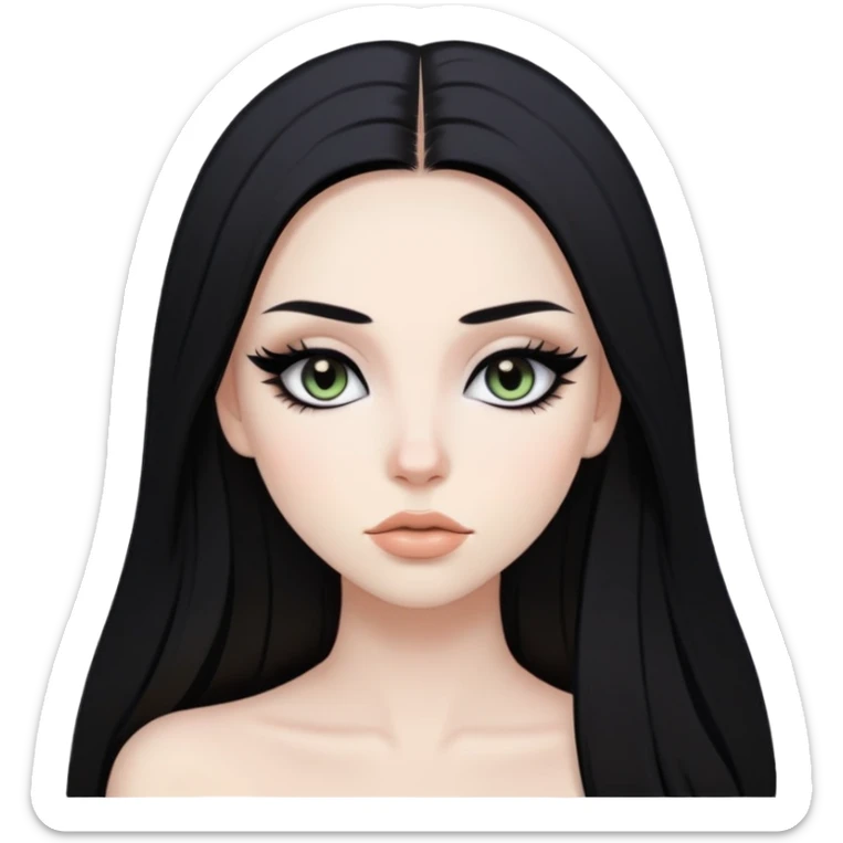 pale, black straight hair, baddie,pretty, makeup, black eyeliner, long hair sticker