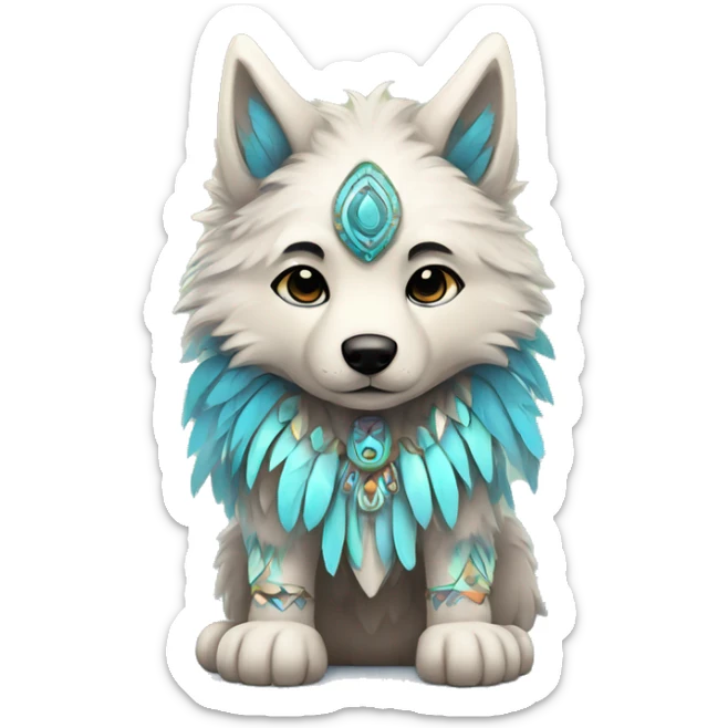 Fluffy Shy Colorful Chibi Spiritual Shamanic Wolf With Shiny Tribal Markings wearing feathers Full Body sticker