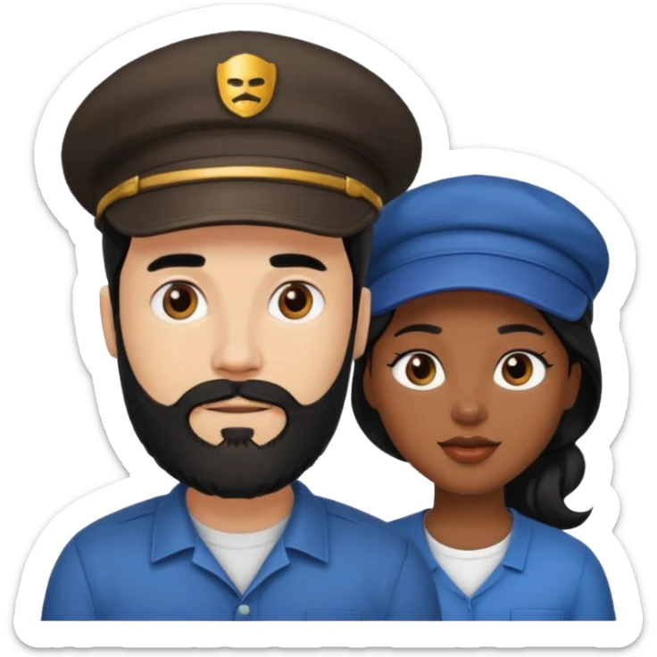 Couple emoji -WHITE with man with beardwith cap on and BLACK FEMALEwith mid length black sticker