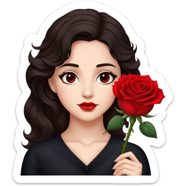 A woman with dark wavy hair, a single red rose behind one ear, and a confident gaze sticker