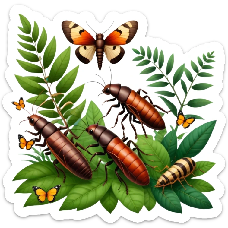 Close-up of giant Madagascar hissing cockroaches, butterflies, and stick insects in their natural habitat. The insects are shown in detail, highlighting their unique textures and colors, surrounded by plants and leaves. Soft lighting to enhance their features. Transparent background. sticker