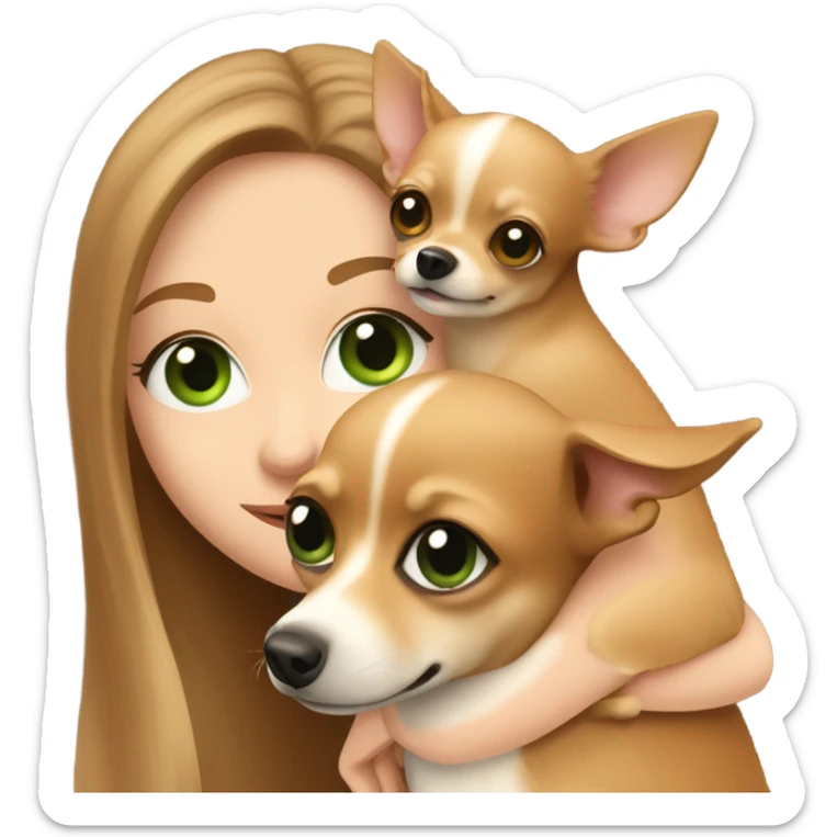 Long light brown hair, green eyes, caucasian lady hugging brown chihuahua with one ear folded sticker