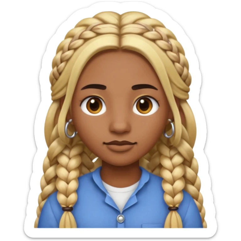 A person emoji with medium-dark skin, long blonde hair styled in two thick braids, dark eyebrows, brown eyes, a small nose, and distinct facial piercings — a ring on the eyebrow and another on the lower lip. sticker