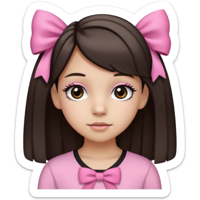 a 13 year old girl with black and brown hair with blond highlights. pink bows and pink outfit with long eyelashes and black eyes sticker