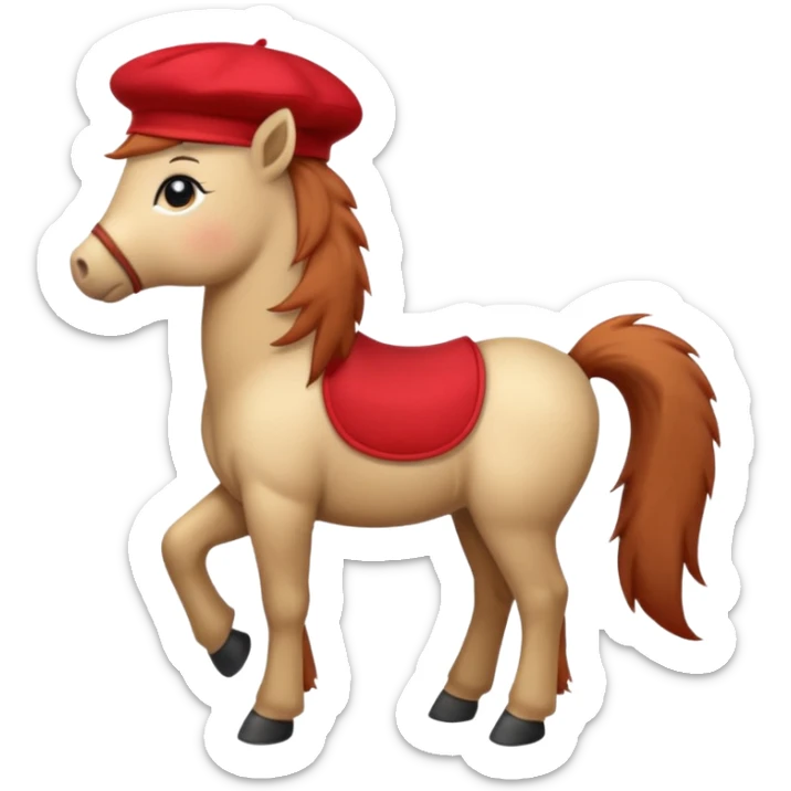 A cute pony (horse) emoji, full body, standing in side view, wearing a stylish red beret. sticker