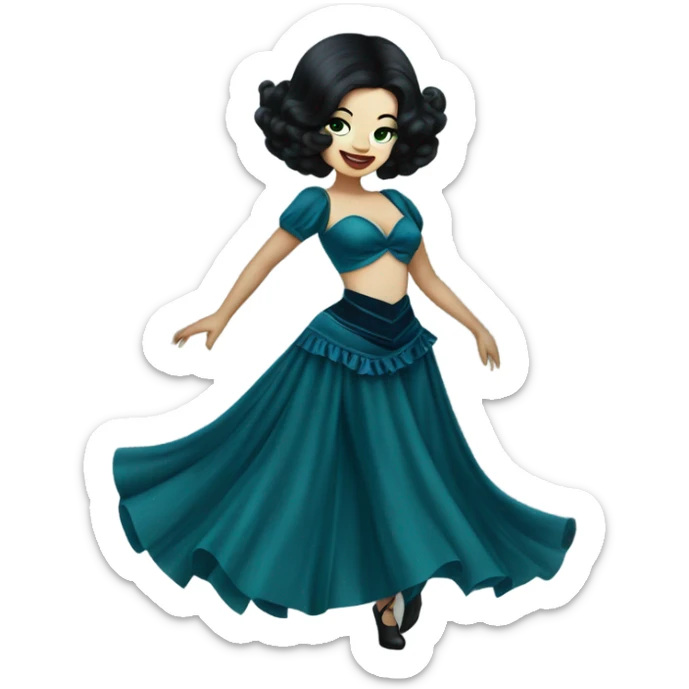 Burlesque dancer wearing blue with black hair, pale skin, and green eyes in a dark blue vintage costume dancing sticker