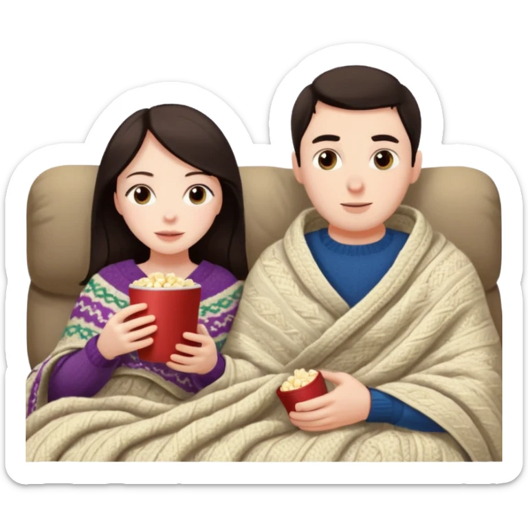 woman with dark hair with her husband at home near chimney watching movie under blanket cozy vibe sticker