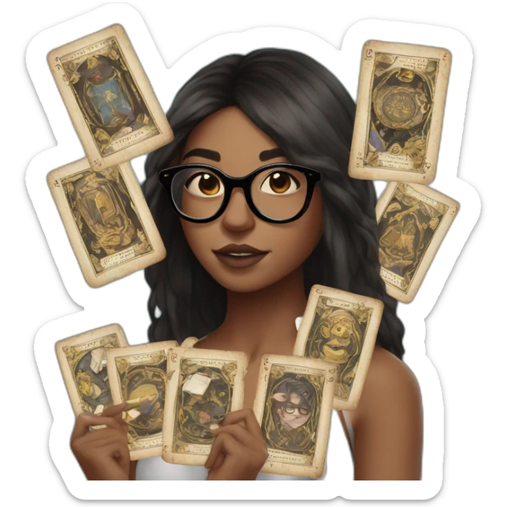 girl with bro2n straight hair and black round glasses with tarot cards in hands sticker