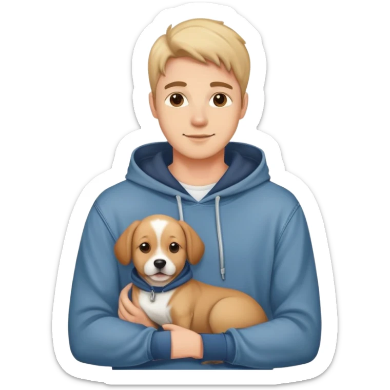 pretty handsome dog lover boyfriend with soft smile, wearing hoodie and jeans, one dog   sticker
