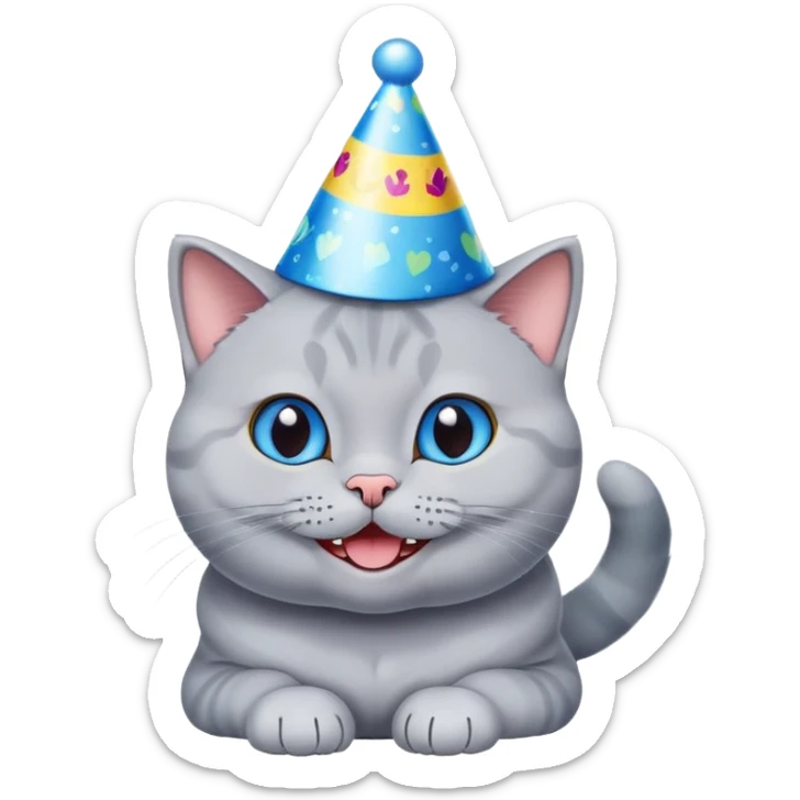 Happy British shorthair blue cat with a big smile wearing a colorful birthday hat sticker