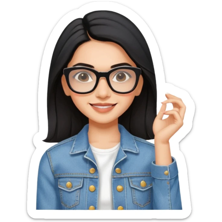 generate a pretty bratz emoji 
Make her wear a white dress with a denim jacket over it. black hair side part 

She should look exactly  like Deepika padukone. wearing rectangular spectacle, smiling sticker