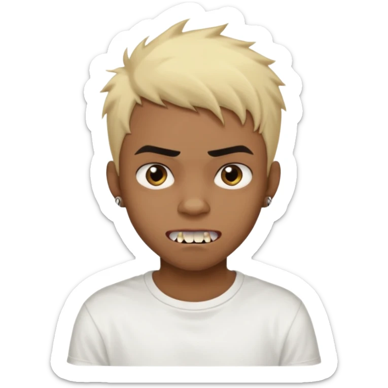 Black Male Teenager with Short punk messy blonde hair, Dark brown bushy eyebrows large expressive golden-brown eyes, wearing a plain white t-shirt, Dark Brown skin color. vampire tooth sticker