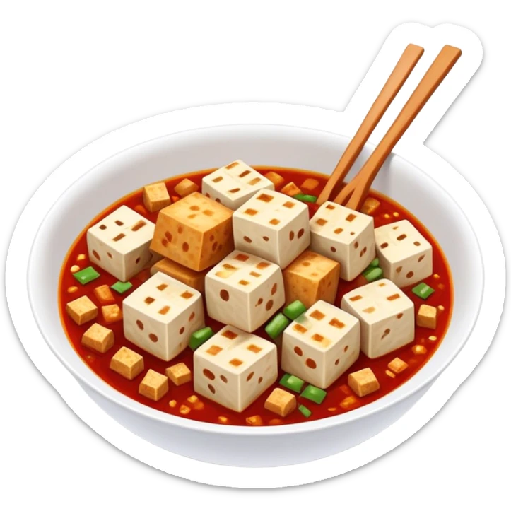 Sichuan Mapo Tofu spicy red dish with tofu cubes, simplified emoji style with bold outlines and bright colors, cartoon style national famous Chinese cuisine sticker